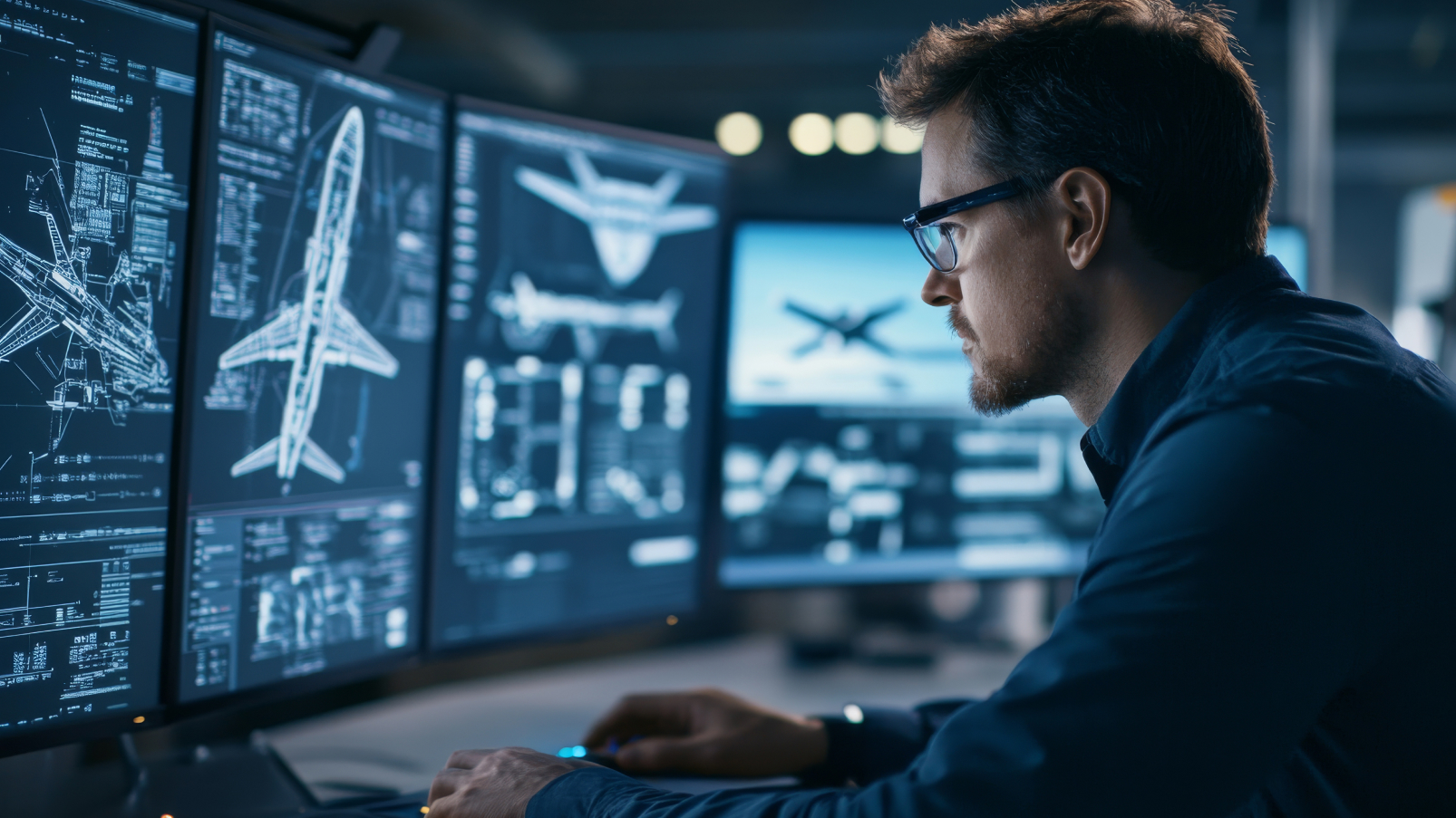 Aerospace engineer reviewing autonomous aircraft designs on multiple computer monitors